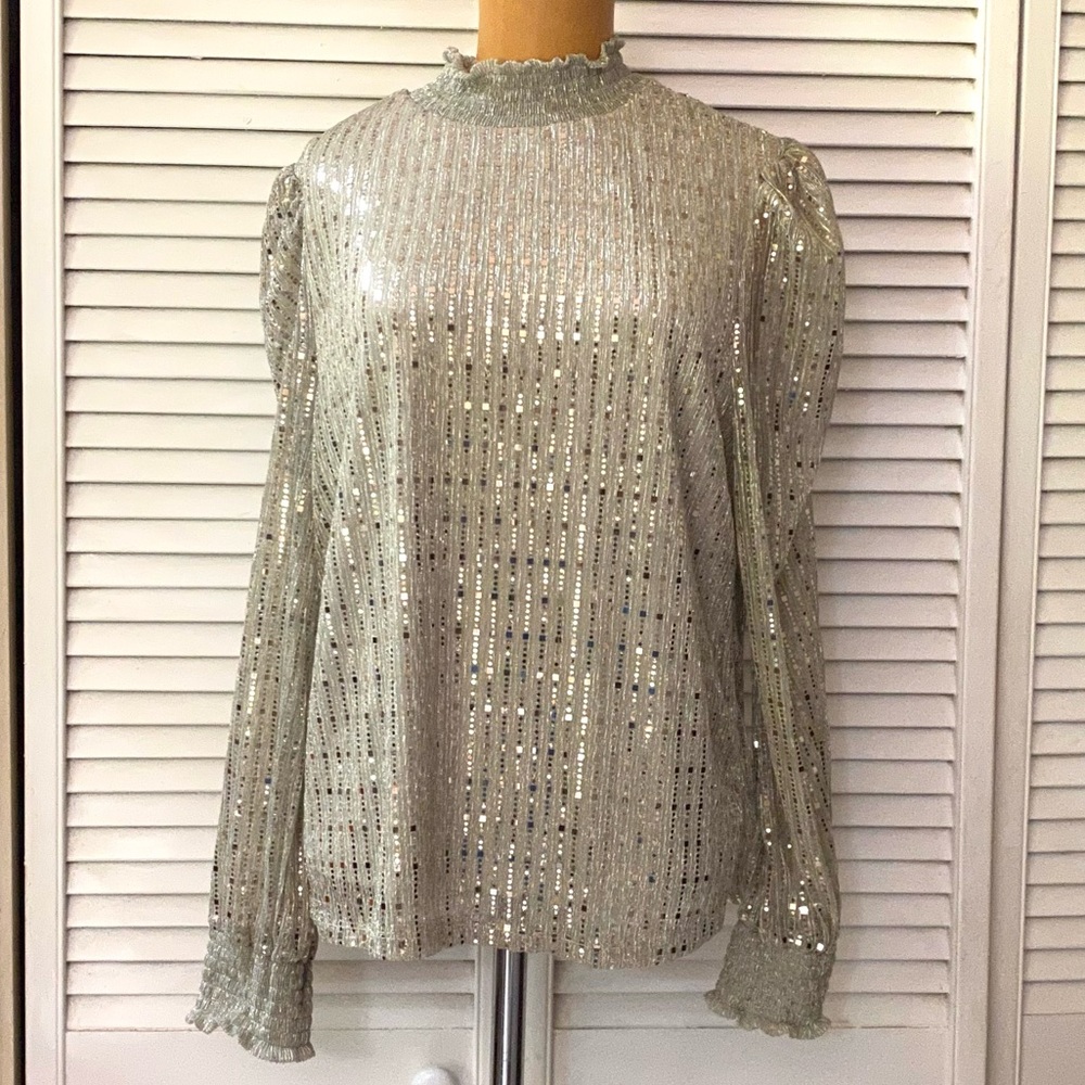 By Design Blouse Womens XL Gold Sparkle Long Sleeve Mock Neck Party Top NEW NWT